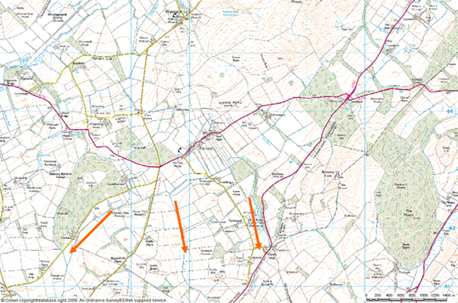 Fig 2. The valley floor that was Loch Howburn and the three possible outflows