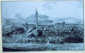 Biggar Cross, pre 1800, note the thatch roofs.