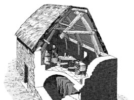 A hypothetical drawing of Glenochar bastle when complete. The house is shown thatched as no roofing slate was found. Animals were kept in the byre below and people lived above.
