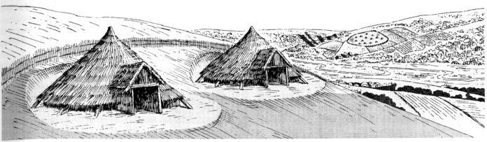 An artist's impression of the Bronze Age houses at Glenochar